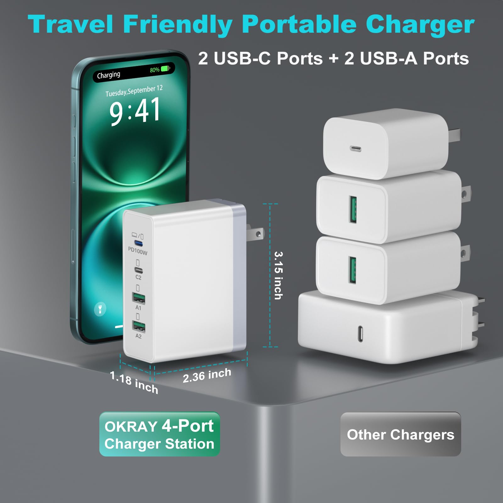 OKRAY Cargador de pared rápido de 4 puertos de 120 W
