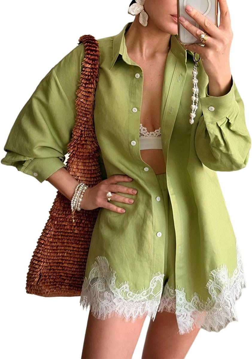 Wuitrie Lace Trim Two Piece Lounge Set for Women Long Sleeve Button Down Shirt Elastic Waist Shorts Casual Brunch Outfits