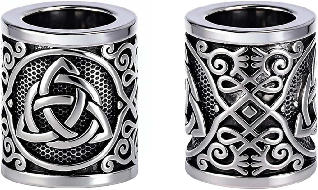 Yahpetes Norse Viking Rune Beads 2 Pcs Hair Beard Pendants Antique 0.59"X0.47" Norse Rings Silver Metal Clips Cuffs Rings Vikings Jewelry for Hair Decoration