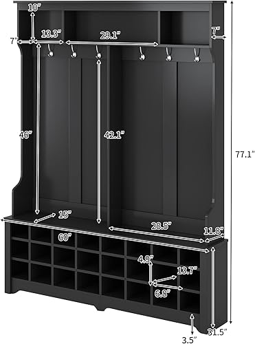 Miniatura 2 de YuiHome Armario de 60 pulgadas de ancho para pasillo, estilo moderno, múltiples funciones, perchero con ganchos de metal con amplio espacio de