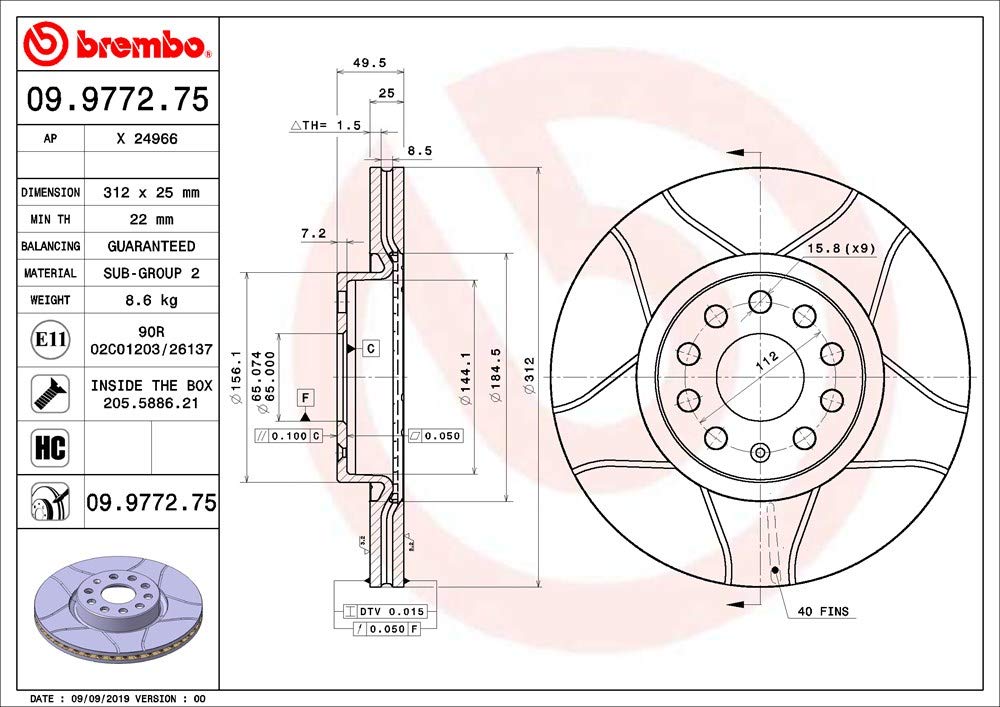 Brembo 09.9772.75 przednia tarcza hamulcowa, 1 sztuka