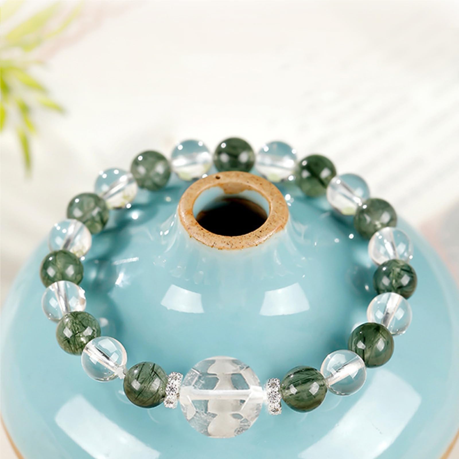 Braccialetto elastico in quarzo naturale trasparente e quarzo rutilato verde, per uomini e donne, Feng Shui ricchezza perline di cristallo elastico per prosperità e buona fortuna