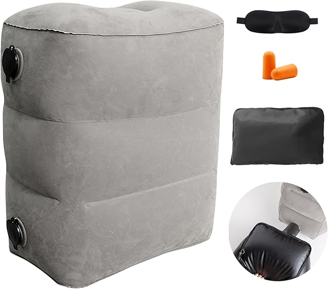 Inflatable Foot Rest with Ear Plugs and Sleep Mask,Fast Inflation Airplane Foot Rest,Adjustable Height Inflatable Travel Foot Rest,Foldable Travel Pillow for Airplanes,Cars,Travel,Office,Living Room
