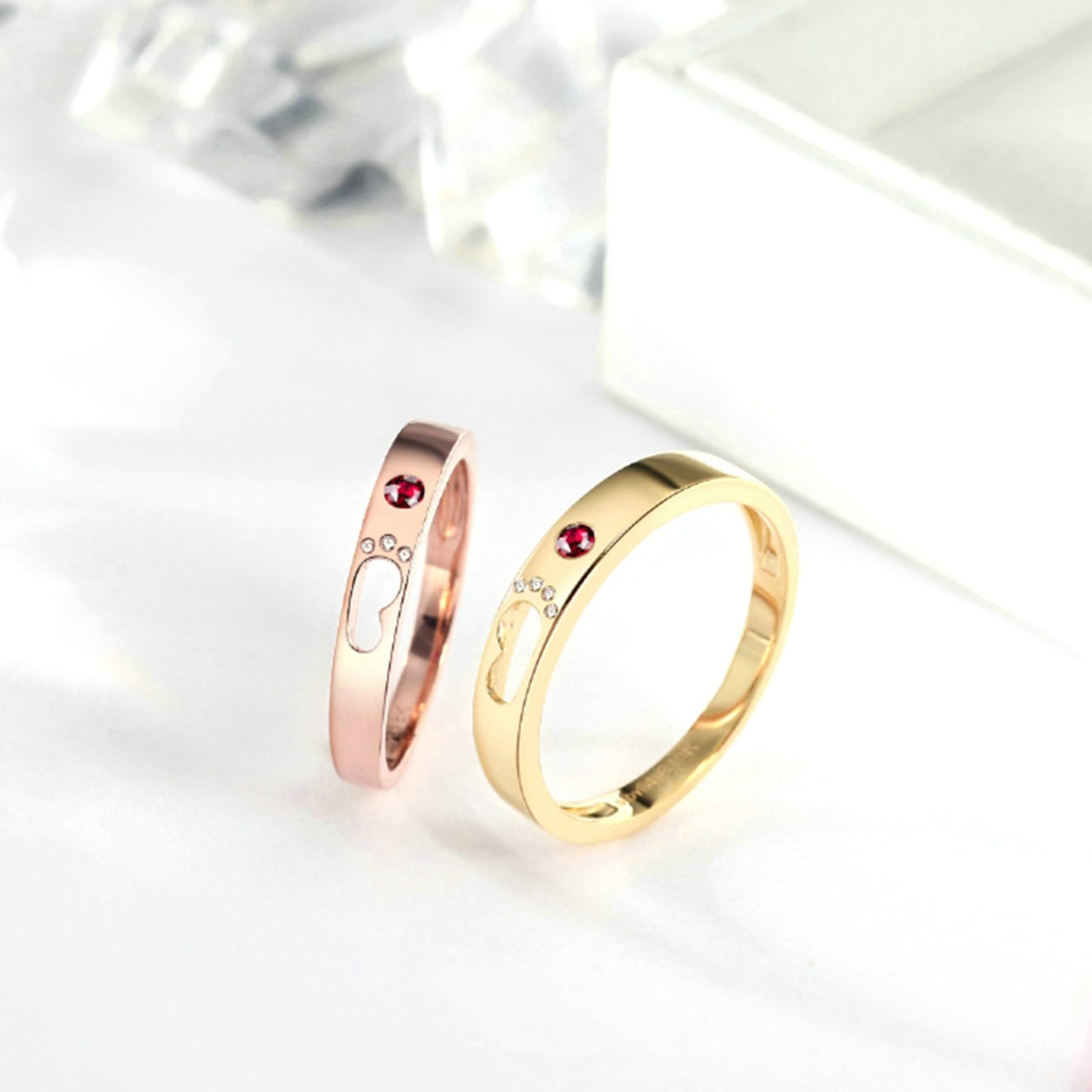 Anello di Matrimonio Oro 14K, Anelli Fidanzamento Donna e Uomo Design Vuoto Impronta Rubino Rosso Sintetico e Moissanite Fedi Nuziali Coppia Oro Rosa