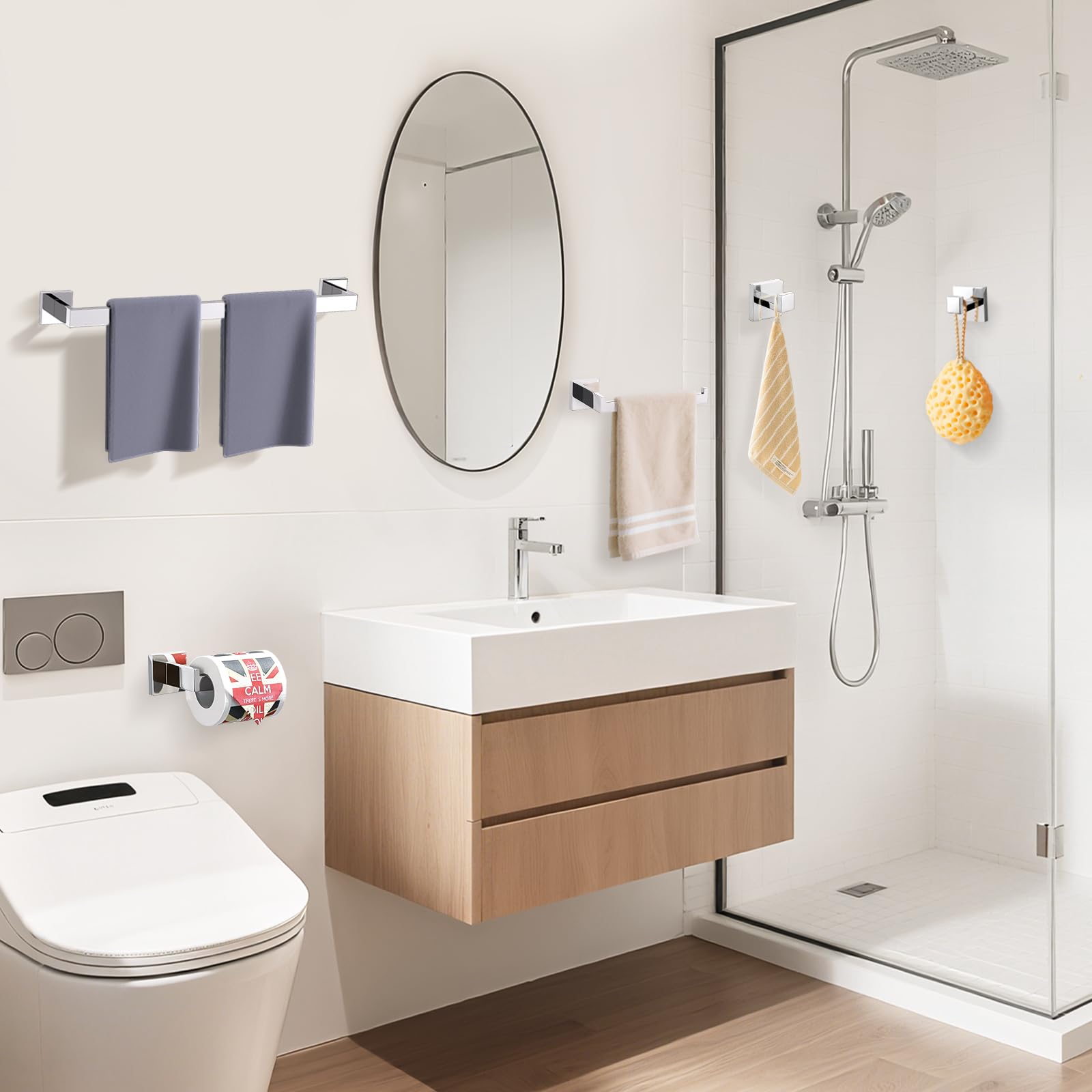 TURS Kit de Accesorios Baño Juego de 5 Accesorios de baño de Cromo Pulido, Soporte para Toallas de Mano y 2 Ganchos para Toallas, Montaje en Pared de Acero Inoxidable