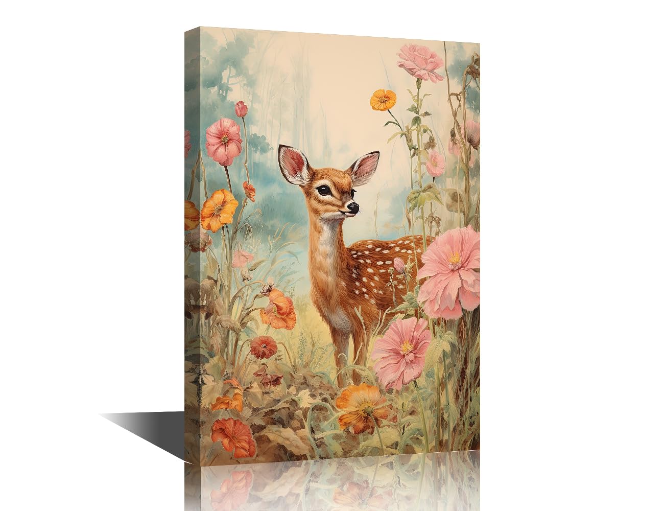 TISHIRON Wildlife Canvas Painting Wall Art Cute Deer Wall Art for Home Decor Deer in Flowers Picture Frames Collage Wall Decor for Living Room Bedroom 24" Wx36 Hx1 Panel