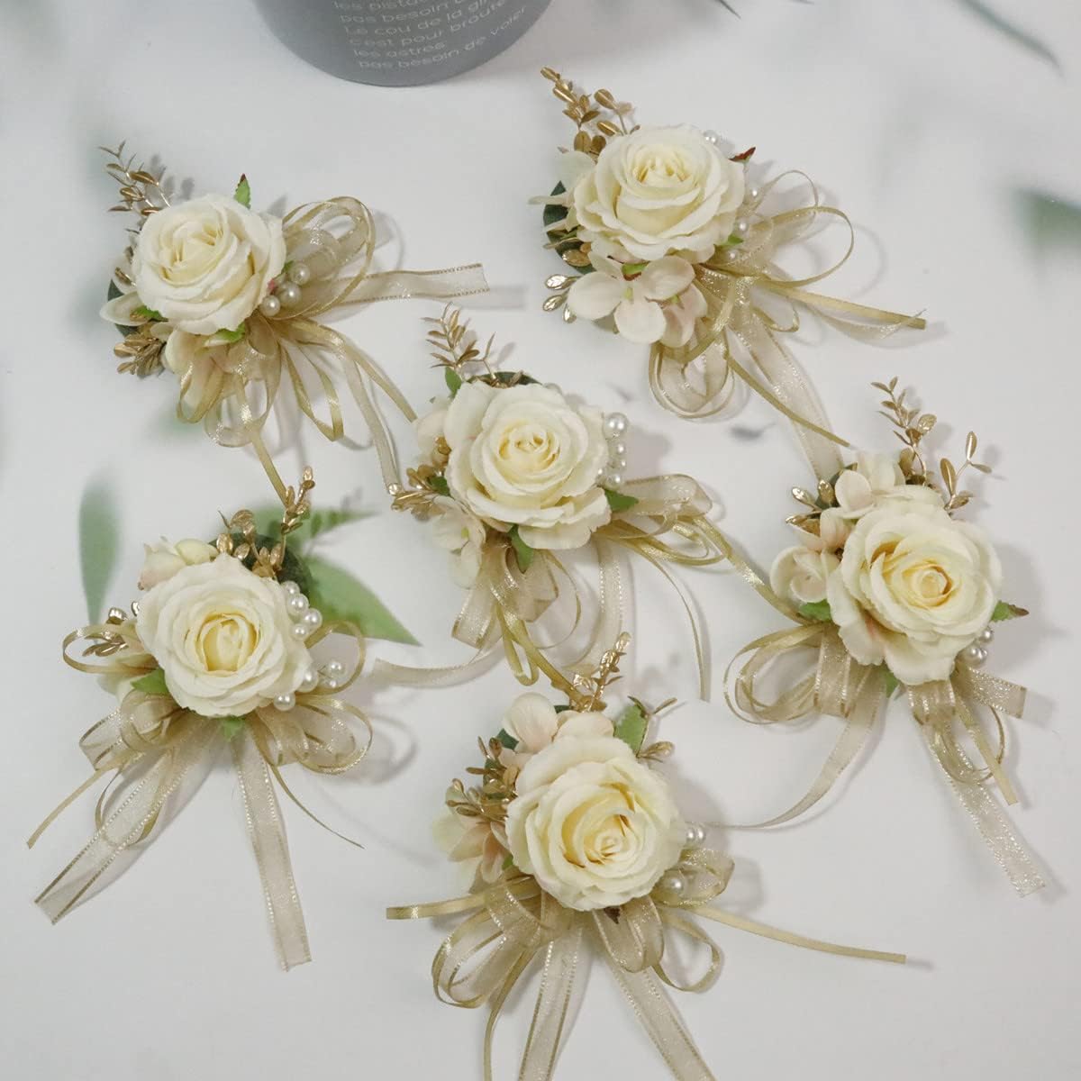 Wrist Corsage Boutonniere Men Wedding Prom Flower Corsage Groom Boutonniere for Wedding Ceremony Homecoming (6, Gold Wristlet Corsage)