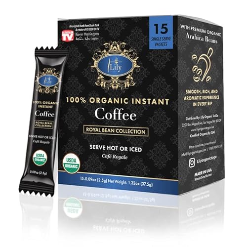 Lily USDA Organic Instant Black Coffee, 15 Singles, Premium Arabica Instant Coffee Packets, Vegan and Gluten-Free, Deliciously Rich Coffee Powder for Hot or Iced Drinks, Made in USA, 2.5g Per Sachet