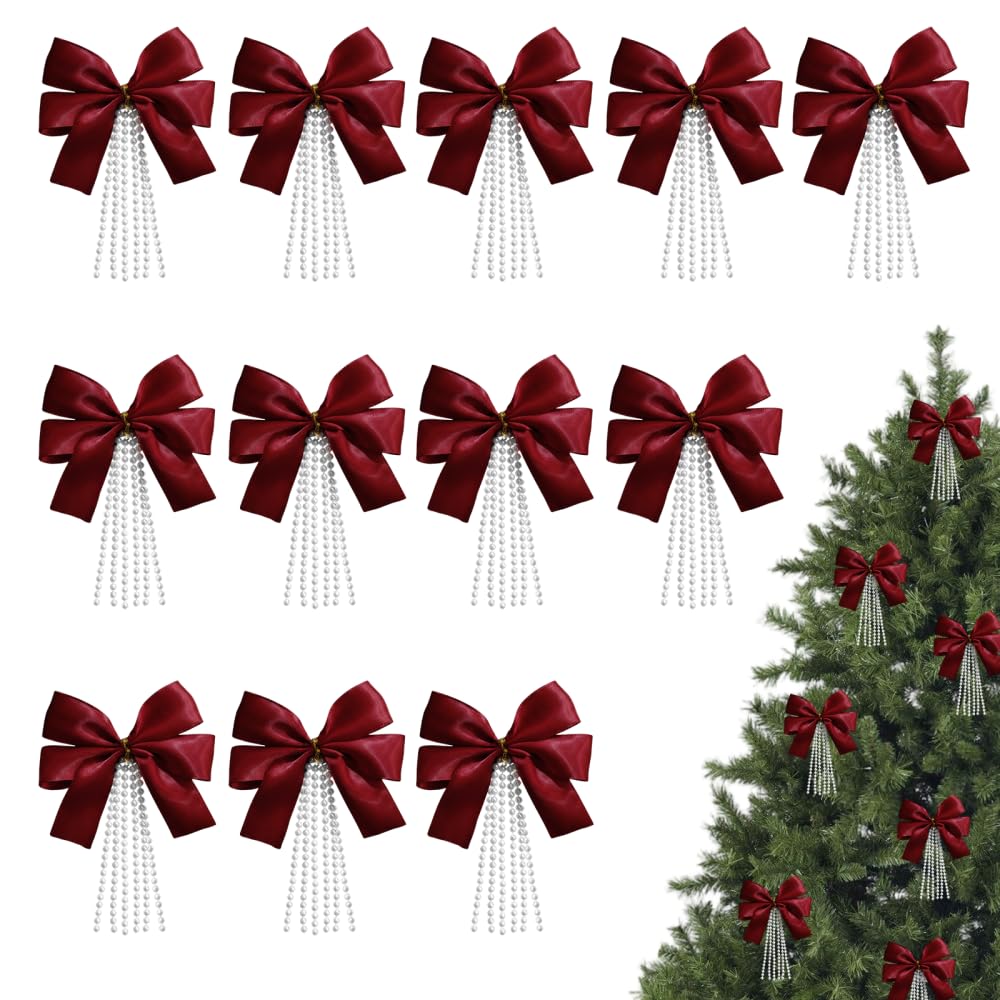 Christmas Tree Bows, 12PCS Ribbon Ornaments with Pearl Tassel