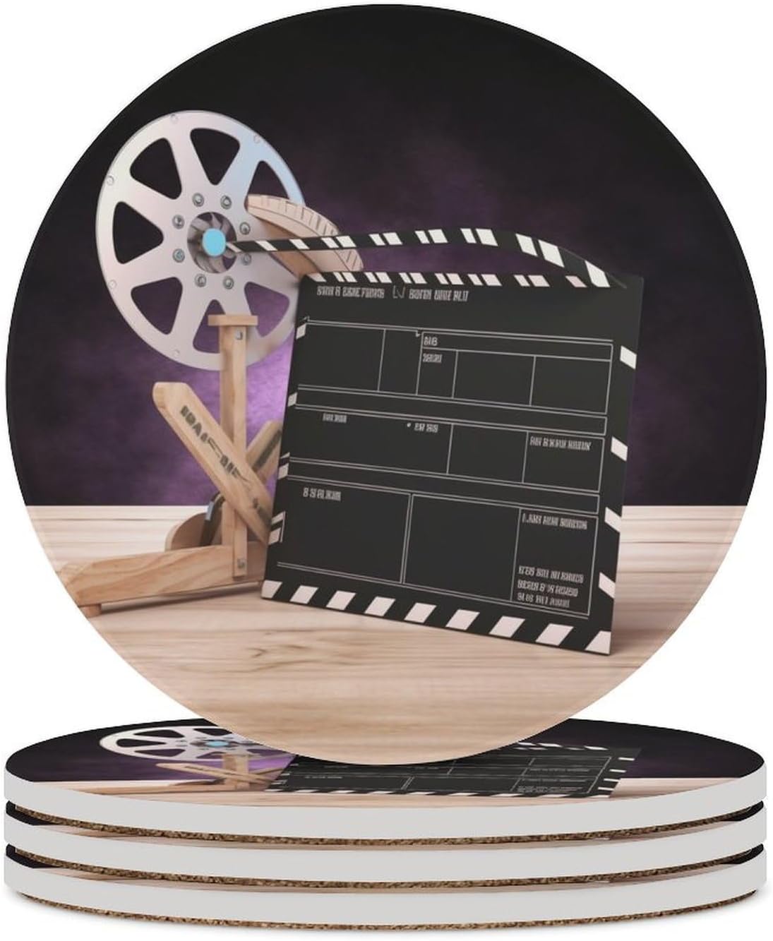 6PCS Movies Clapperboard Coasters Non-Slip Round Drink Coasters with Ceramic Stone and Cork Base, Heat Resistant Absorbent 33.00Stone Coaster Set for Kinds of Mugs and Cups, 4 Inch