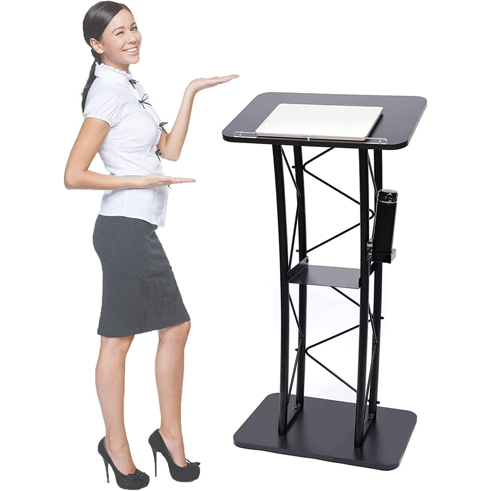 WDZDMYL Truss Metal Podium, Church Lectern, Conference Presentation Pulpit, with Interior Shelf and Cup Holder, Speaking Lectern for Conference Auditorium Classroom
