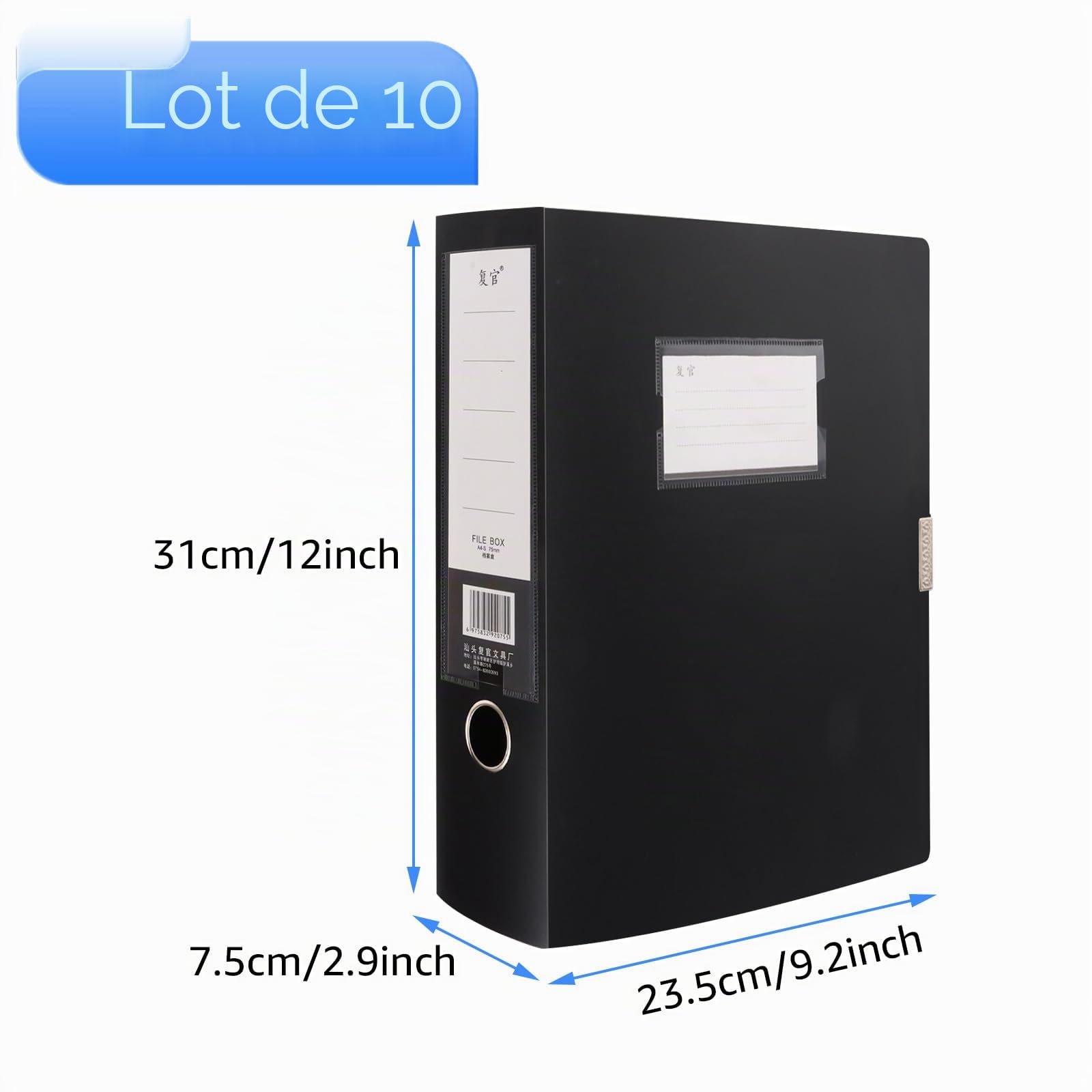 CYEER Lot de 10 boîtes de classement noires en plastique A4, boîtes de classement avec épine de 75 mm, dossiers foolscap pour documents papier A4