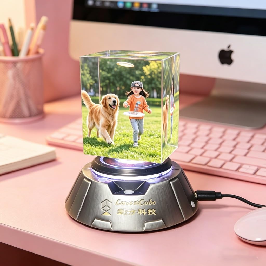 Car Aroma Diffuser with Auto Rotating Cubeoid, 16-Color LED Spotlight, Crystal-Clear Acrylic Display Stand with 2 Photo Slots,Suitable for Your car, Office, Living Room, and Bedroom.