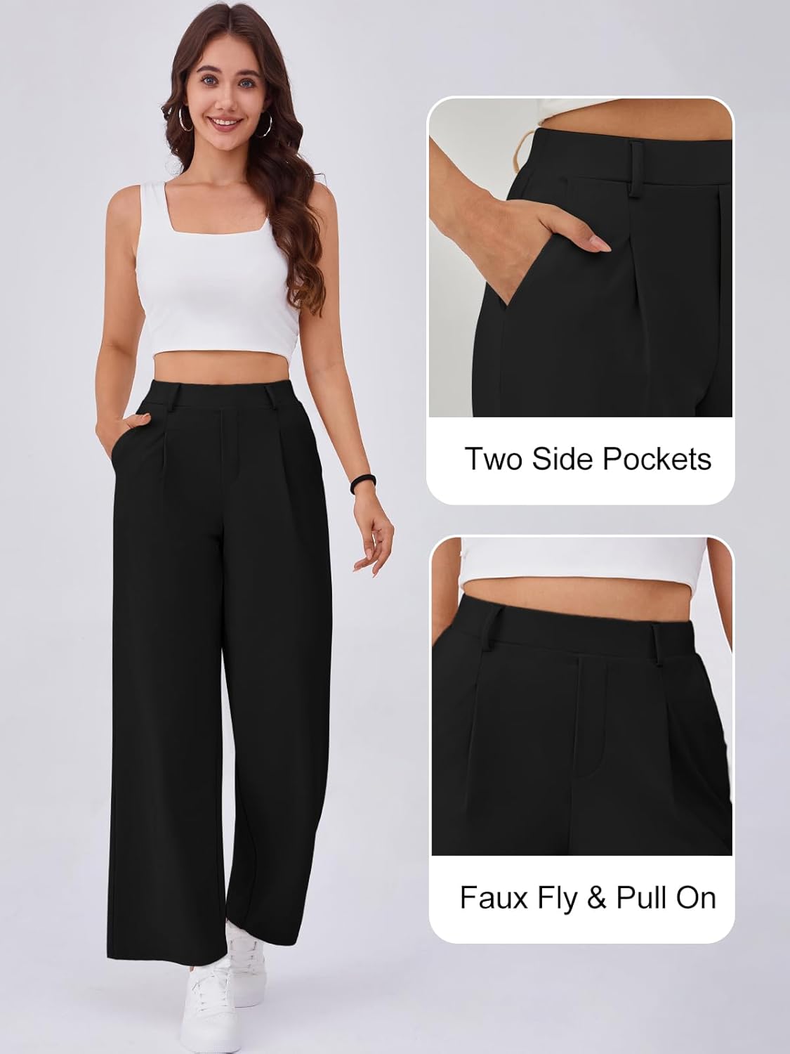 Gracyoga Wide Leg Pants for Women Stretchy Pull On Work Pants High Waisted Business Casual Trousers Slacks with Pockets - Image 5