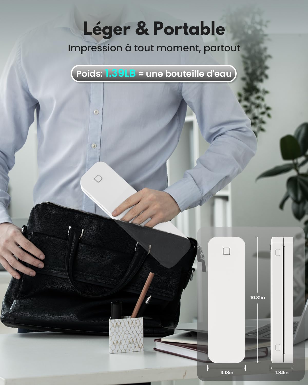 Imprimante Thermique Portable A4 sans Encre Bluetooth Compatible Android iOS Ordinateur