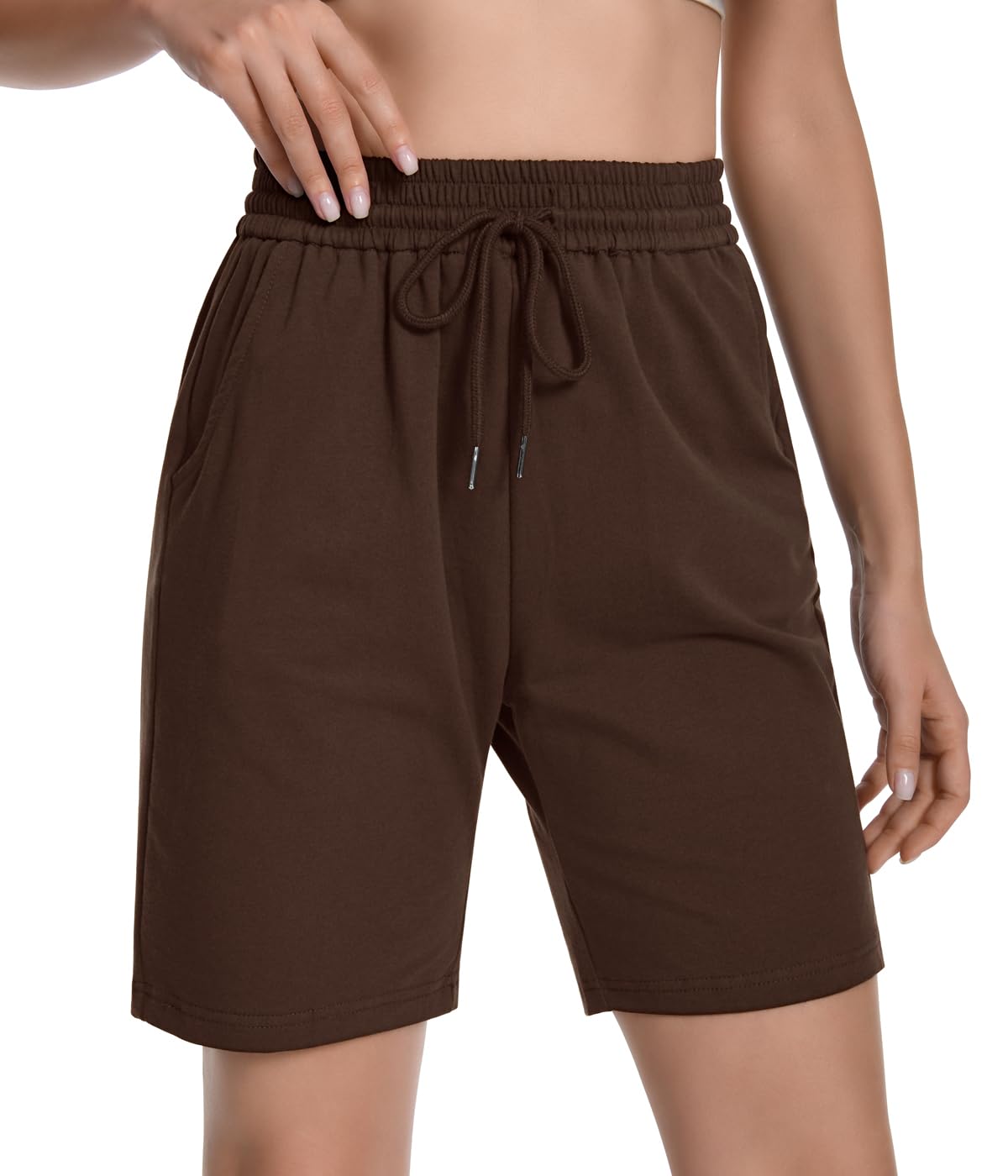 Tummy Control Summer Volleyball Workout Long Bermuda Cotton Womens Knee Length Shorts Hiking Sport Athletic Pj Womans SweatShorts Baggy Lounge Dance Yoga Sweat Active Shorts for Women Pockets Brown S