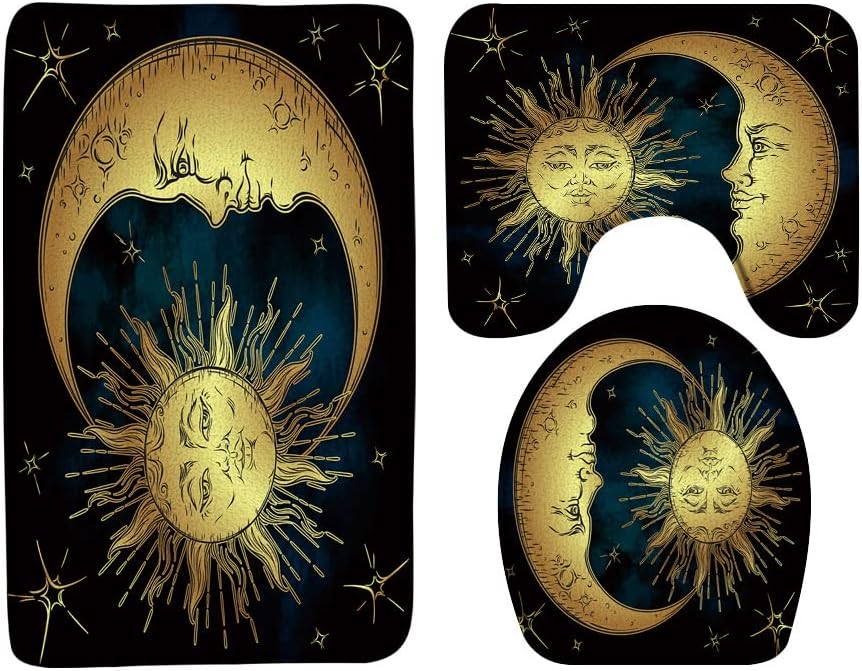 3 Piece Sun Moon and Stars Bath Mat Set Vintage Mandala Celestial Boho Chic Art Antique Style Navy Gold 19.7x31.5 Inches Bathroom Rugs,Toilet Seat Cover,U-Shaped Floor Rug