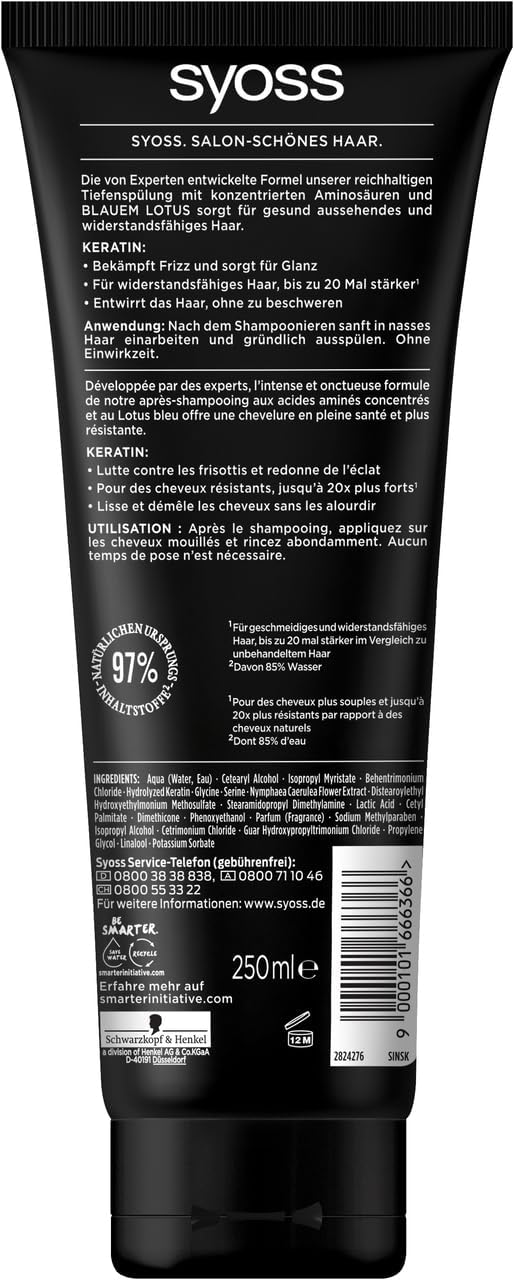 Syoss Tiefenspülung Keratin (3x 250 ml), reichhaltige Spülung mit Keratin bekämpft Frizz & sorgt für Glanz, Haarspülung für gesund aussehendes & widerstandsfähiges Haar