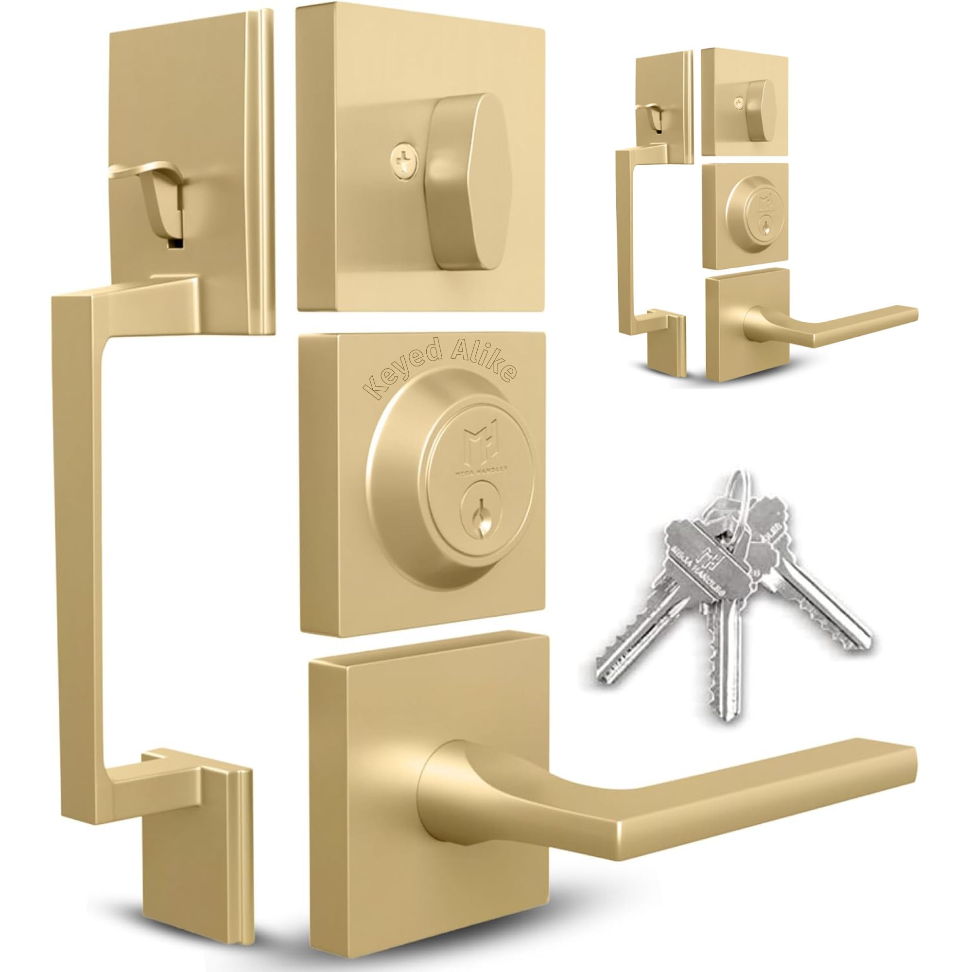 Mega Handles Juego de manijas plateadas para puerta de entrada, juego de manijas de un solo cilindro con palanca para entrada y puertas delanteras, manijas modernas con diseño para puertas zurdas y