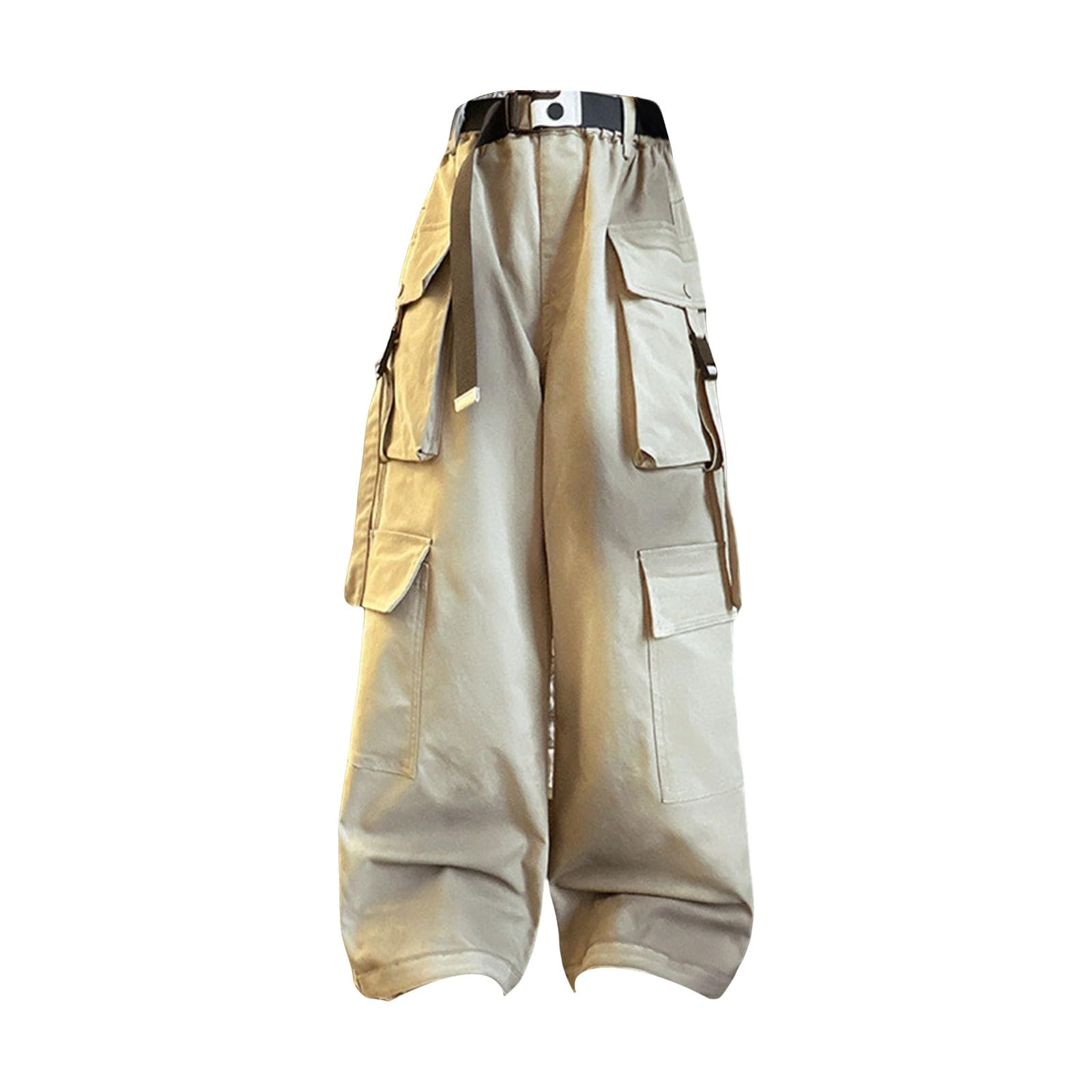 Pantalon cargo hip-hop pour filles - Taille haute - Plusieurs poches - Pantalon ample pour l'école - Taille élastique - Style décontracté - Esthétique et tendance, kaki, 11-12 ans