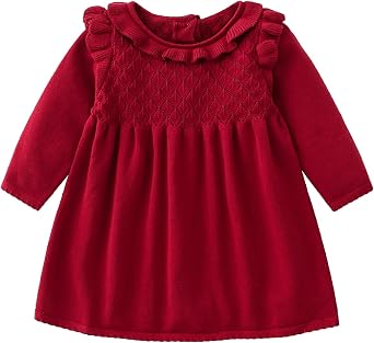 KISSOURBABY Toddler Baby Girl Infant Comfy Cotton Lace Collar Long Sleeve Solid Color Dresses