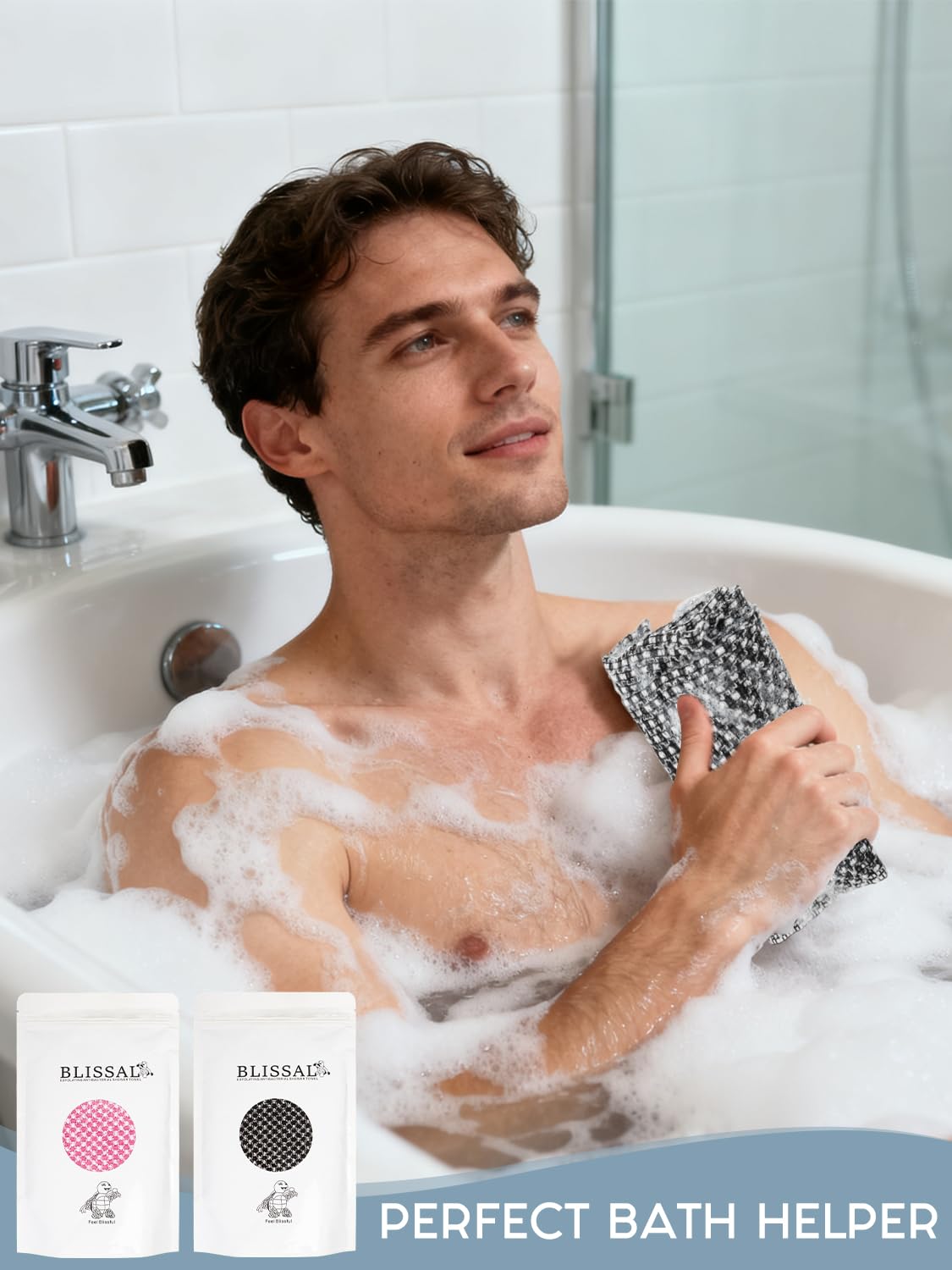2 piezas de toalla de baño exfoliante antibacteriana Blissal para una piel suave, toalla de ducha para peeling corporal y de espalda para hombres y mujeres (Rosa + Negro)