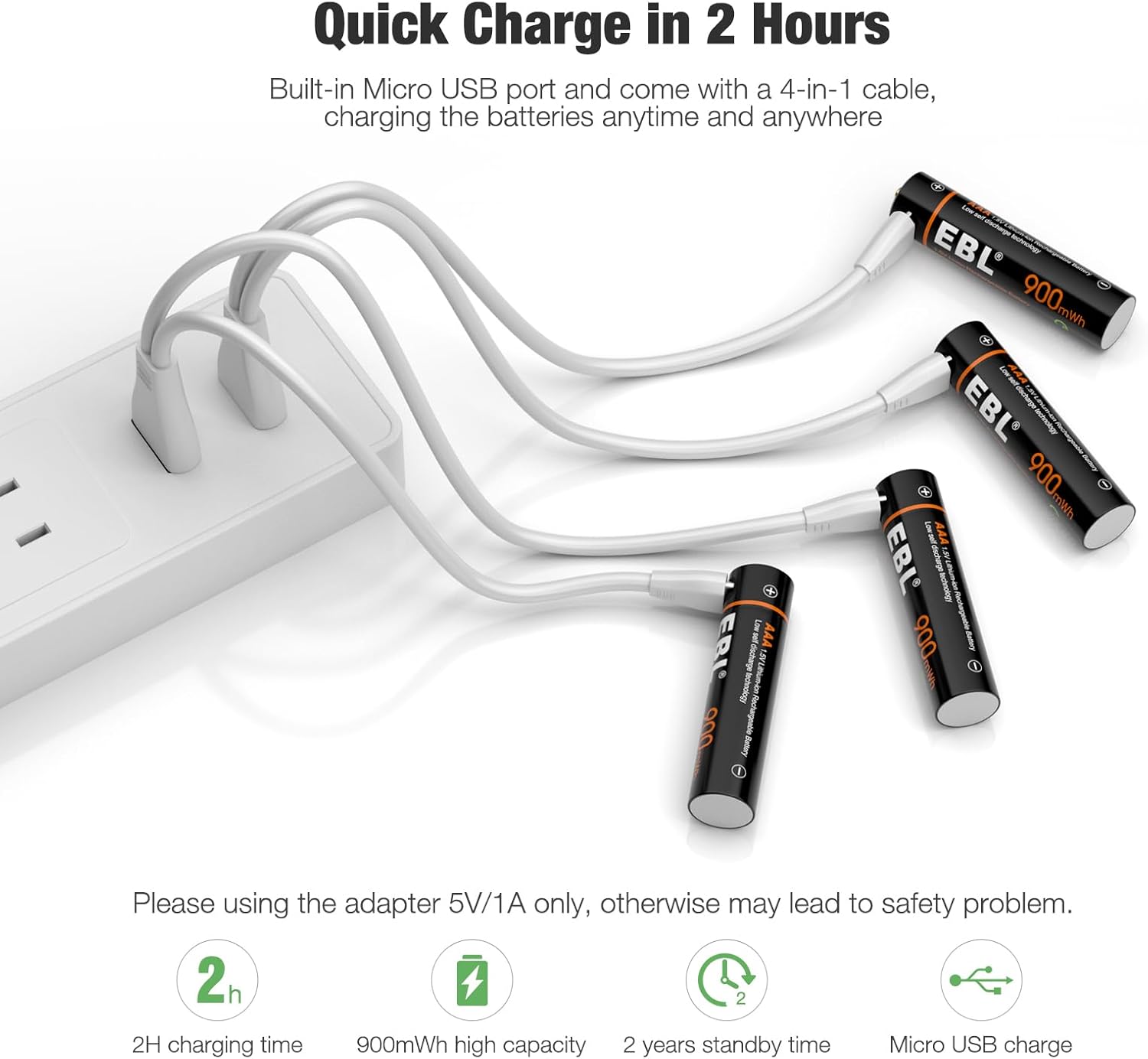 EBL Rechargeable AAA Lithium Batteries 1.5V AAA Battery 4 Pack 900mWh USB Rechargeable Batteries