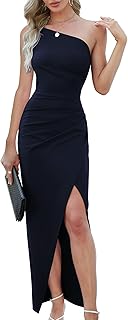 Womens One Shoulder Long Formal Dress Sexy Summer Sleeveless Bodycon Ruched Wrap Split Cocktail Dresses