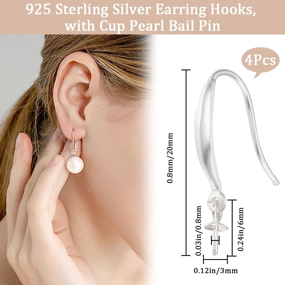 Beebeecraft 1 Box 4Pcs Earring Hooks Sterling Silver Eye Pin Posts Cup Pearl Peg Bails Ear Wire Setting for 0.8mm Half Drilled Bead Jewelry Necklace Making