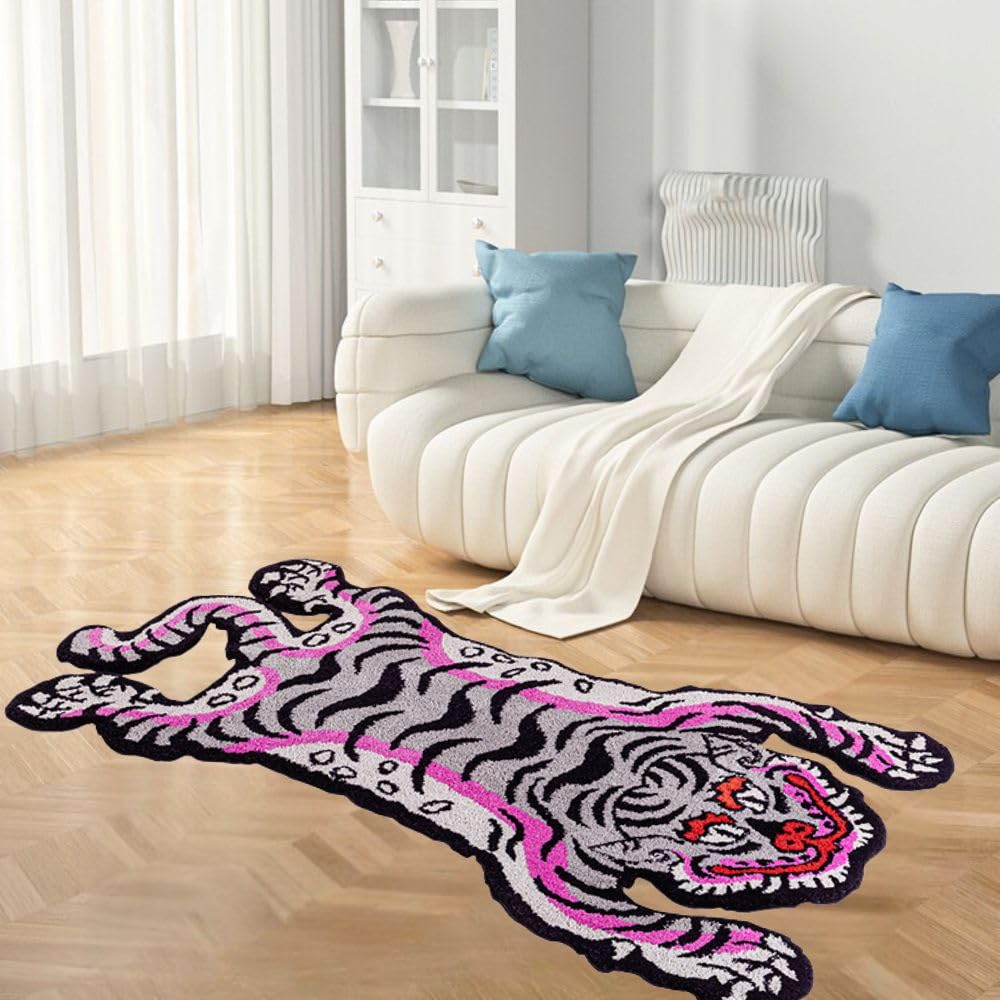 Alfombra capitoné de tigre tibetano de 5 x 3 pies para sala de estar, alfombras suaves y divertidas para dormitorio, alfombra lavable con respaldo antideslizante de TPR para decoración del hogar