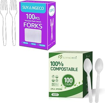 100 Count Heavy Duty Clear Plastic Forks+100 Count Compostable Spoons Disposable Cutlery Set Thick Plasticware Silverware Heavy Duty Disposable Utensils