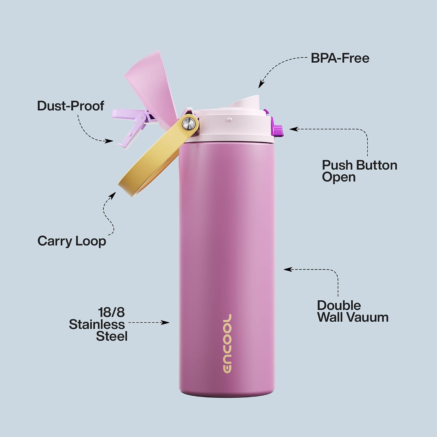Insulated Water Bottle with Straw - Encool Stainless Steel Water Bottle with Push Button Lid, Leak-Proof & BPA-Free, Keeps Cold for 24 Hours for Sports, Travel, Gym (24 oz, Light Orchid-Fuchsia)