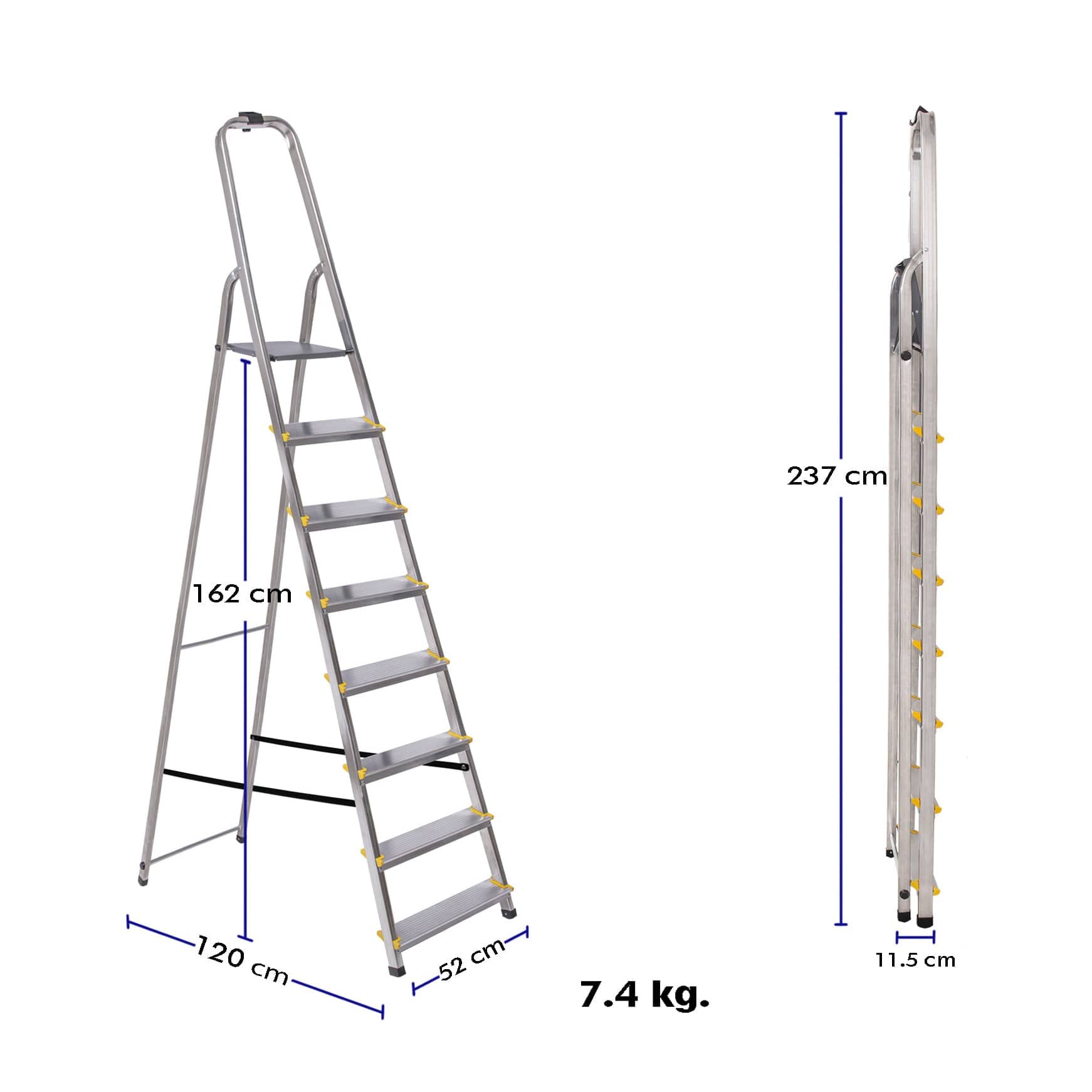 8-stopniowa drabina DURA składana, lekki aluminiowy podnóżek, wysokość platformy 162 cm, antypoślizgowe nóżki, obciążenie 150 kg, 5 lat Hoström