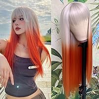 Vista 7 de QD-Tizer Pelucas sintéticas de color rubio ceniza con flequillo, pelucas de cabello largo y lacio, sin pegamento, pelucas sintéticas sin encaje