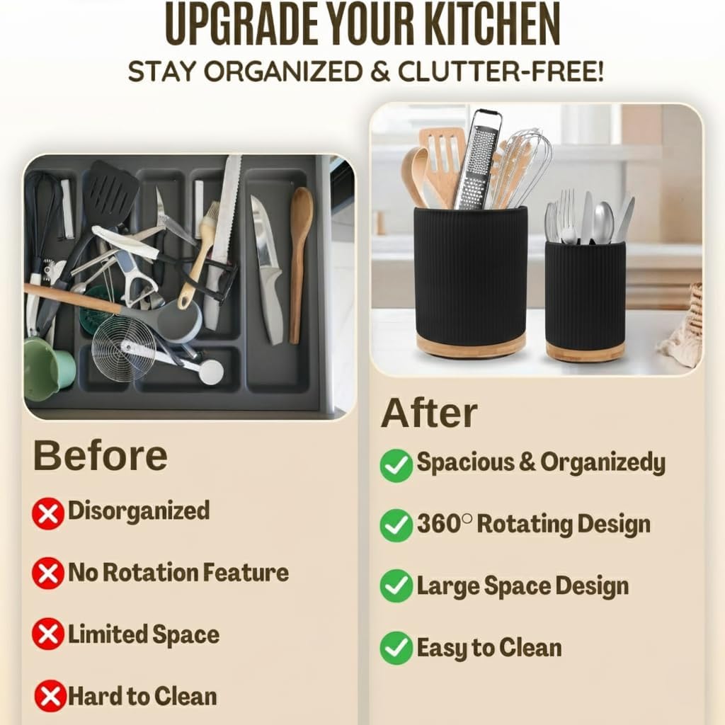 2 Pack Ceramic Utensil Holder, 7.3"+5.4" Large kitchen utensils holder for Countertop, 360° Rotating Cooking Utensil Crock for Kitchen Counter with Detachable Wooden Base, Kitchen Decor- Black