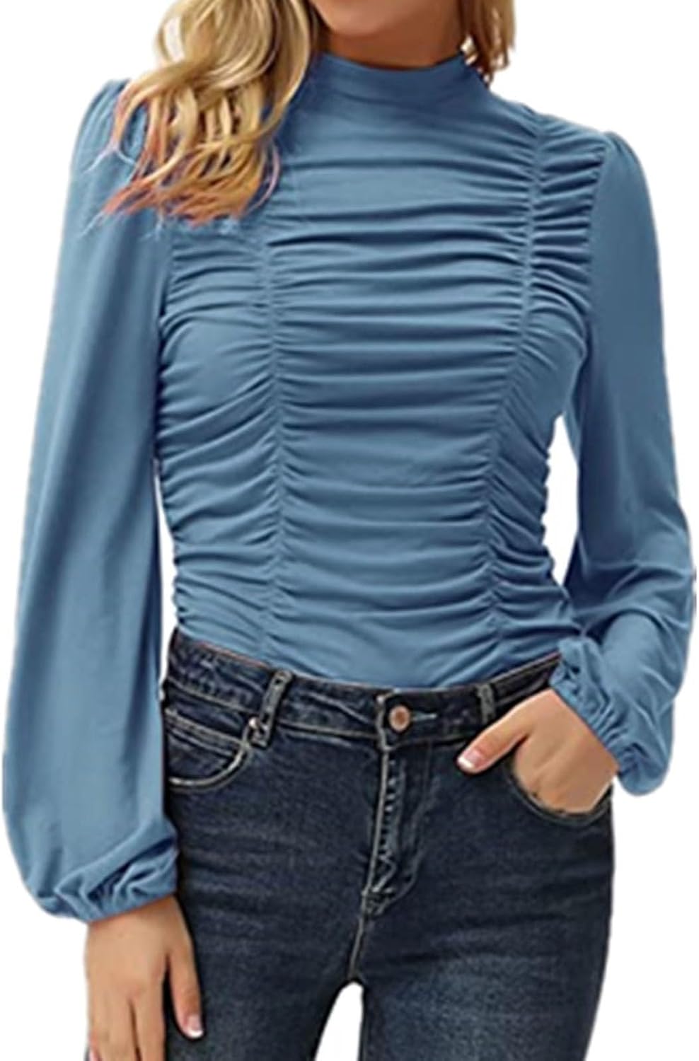 Womens Mock Neck Tops Vintage Long Lantern Sleeve T Shirt High-Neck Ruched Front Fitted Blouse Work Office Blouse