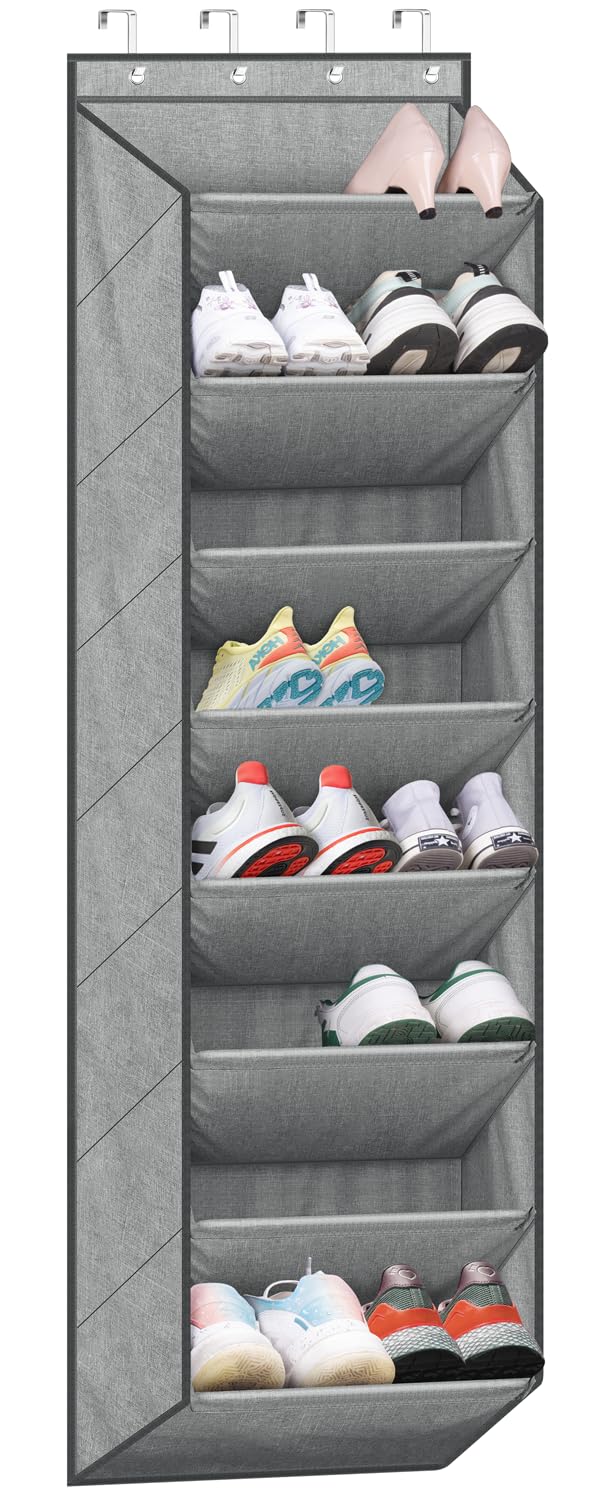 SLEEPING LAMB Over The Door Shoe Organizer for Closet with Large Deep Pockets, Narrow Shoe Rack for Door Hanging Boots Storage, Grey