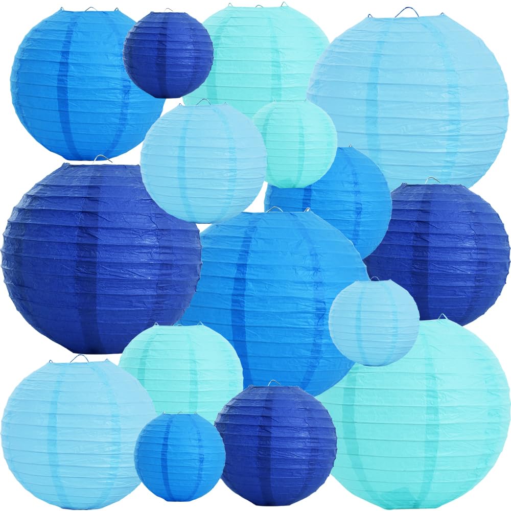 Lanternes rondes en papier bleu et blanc en lot de 16 suspensions assorties