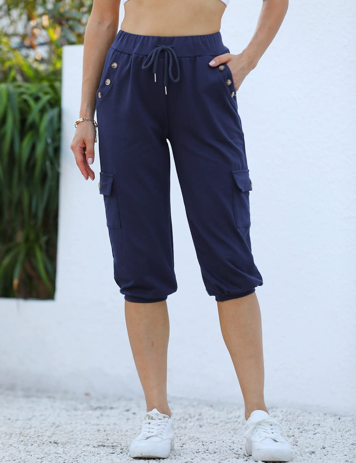 heekpek Pantalon Pirata Mujer Verano Pantalon Chandal 3/4 Mujer Casual Holgado Pantalones Capri 3/4 Pantalon Deporte con Botón Bolsillos y Cordón Cintura Elástica