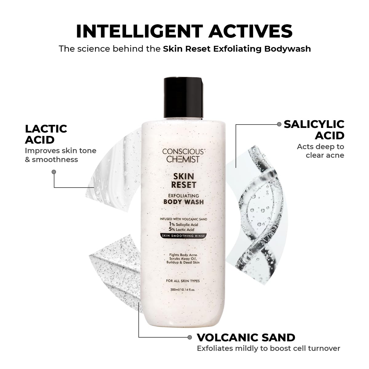 Conscious Chemist Skin Reset Exfoliating Bodywash 1% Salicylic Acid Shower Gel with Volcanic Sand & Lactic Acid Exfoliates, Clears Body Acne, Smooths Bumpy Skin 300 ml (Pack of 1) White