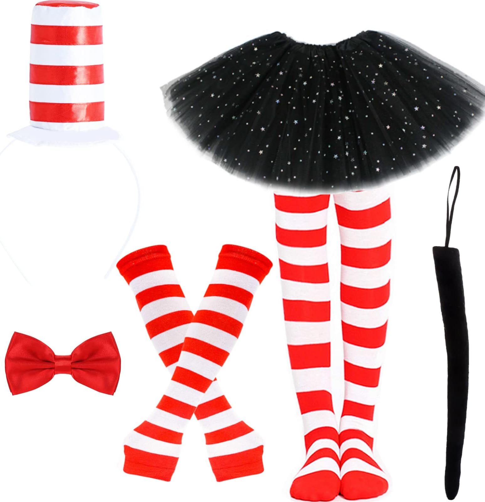 Kavoc 6 Pcs Cat Costume Child Tulle Tutu Set Skirts Cat Ear Headband Bowtie Tail Bow Tie Striped Tights