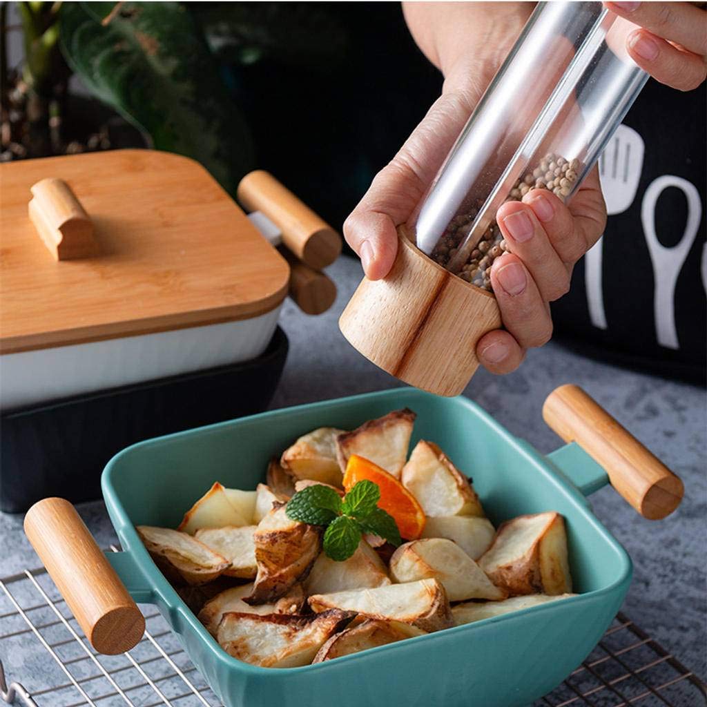 Suppenschüsseln mit Griff, Keramik im japanischen Stil Anti-Verbrühung Große Kapazität mit Holzdeckel Obstsalat Grün-1100ML