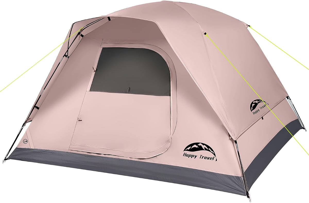 Tienda de campaña Happy Travel, tiendas de campaña tipo cúpula para 4 personas para acampar con Rainfly | Tienda familiar portátil con Clip impermeable de fácil instalación con ventanas de malla, 20% más de espacio libre para acampar y hacer senderismo