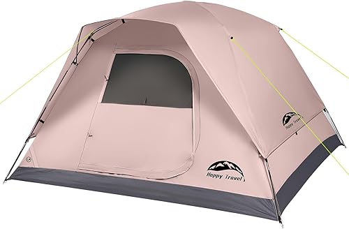 Happy Travel Camping Tent, 4 Person Dome Tents for Camping with Rainfly, Waterproof Clip Easy Setup Portable Family Tent with Mesh Windows, 20% More Headroom Backpacking Tents for Camping & Hiking