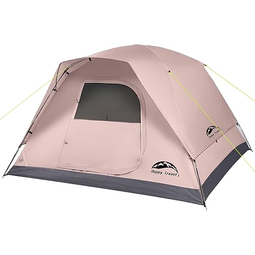 Happy Travel Camping Tent, 4 Person Dome Tents for Camping with Rainfly, Waterproof Clip Easy Setup Portable Family Tent with Mesh Windows, 20% More Headroom Backpacking Tents for Camping & Hiking