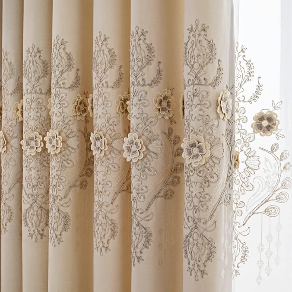 Amidoudou 1 Pair European Luxury Jacquard Curtains for Bedroom 3D Flower Curtains for Living Room (Beige,52x84 Inch)