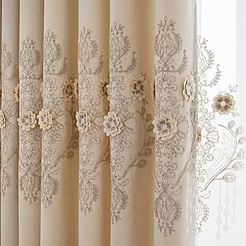 Amidoudou 1 Pair European Luxury Jacquard Curtains for Bedroom 3D Flower Curtains for Living Room (Beige,52x96 Inch)