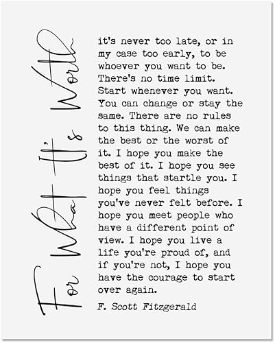 For What It's Worth Art Print F. Scott Fitzgerald Quote Inspirational Print Inspirational Gift Scripture Wall Decor UNFRAMED 8x10inch