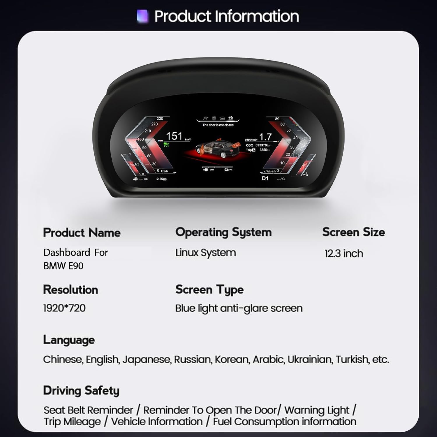 Generic 1920 * 720 Auto LCD Cruscotto per BMW Serie 3 E90 E91 E92 E93 2005-2012 Anni Paneel Virtuele Cockpit Snelheidsmeter Voor