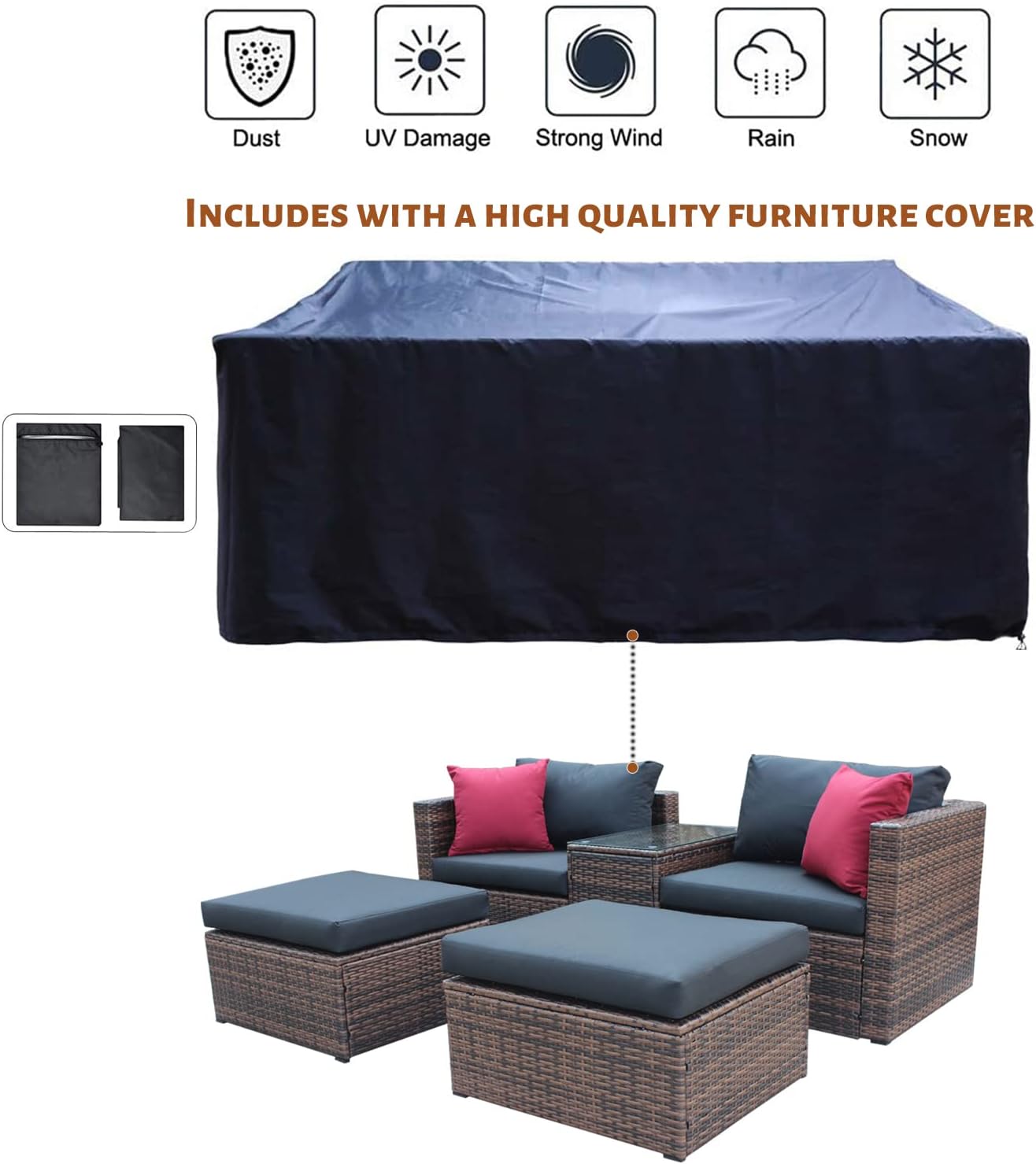 CHINNLUU 5 Pieces Outdoor Furniture Patio Rattan Loveseat, All Weather Sectional PE Sofa Conversation Set with Ottoman Coffee Table, Garden Lawn Pool Backyard,Brown Wicker Black Cushions : Patio, Lawn & Garden